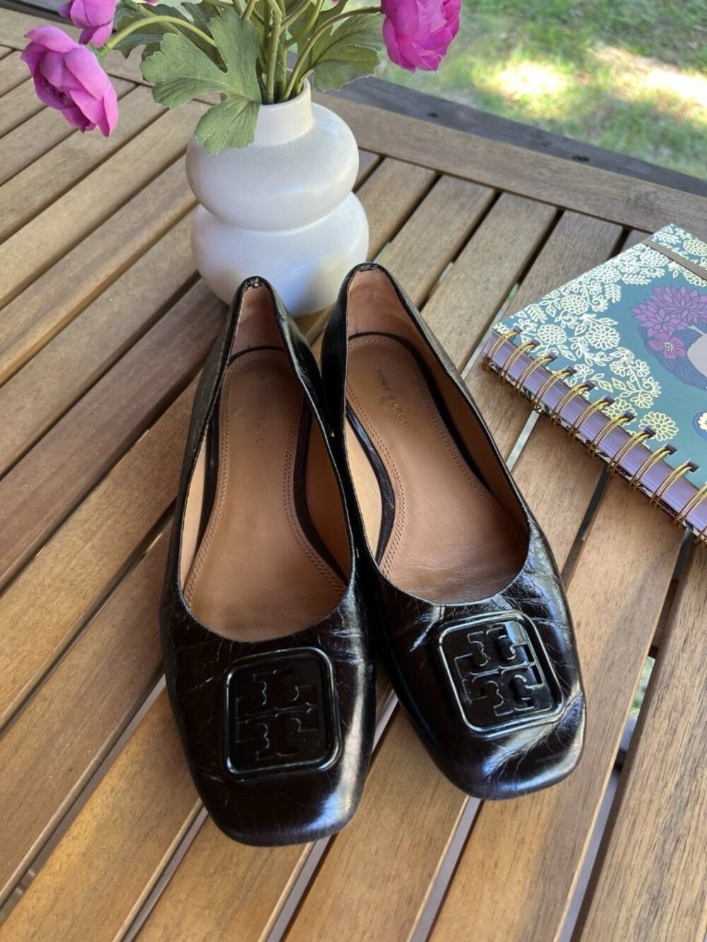 Tory Burch Georgia Black Leather Square Toe Ballet Flats 6.5M